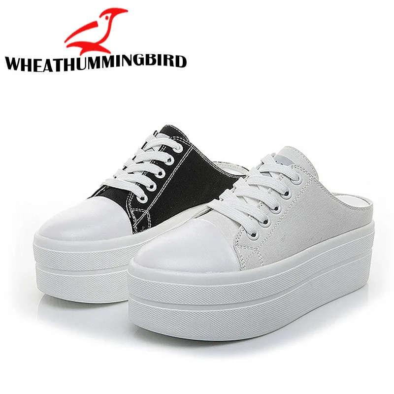 

women canvas shoes Lace-up Casual Shoes Flat platform shoes height increasing sneakers Woman white black loafers slippers MC-10