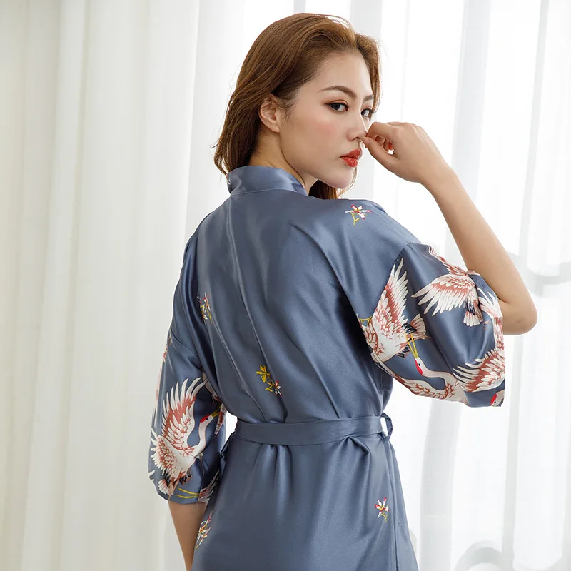 Print Crane Lady Kimono Bathrobe Gown Women Wedding Robe Loose Soft Satin Nightgown Sleepwear V-neck Long Novelty Nightwear | Женские