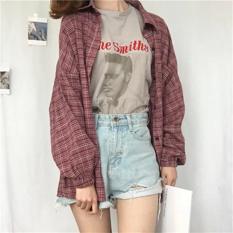 Женские рубашки Kawaii Ulzzang винтажная клетчатая рубашка для девушек панк Харадзюку