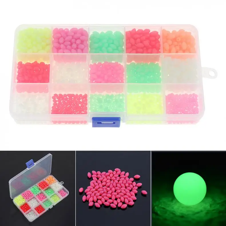 

Oval Hard Luminous 1500pcs Colorful Fishing Beads 3 x 4mm 4 x 6mm 5 x 8mm 3 Sizes Mixed Sea Fishing Lure Floating Float with Box
