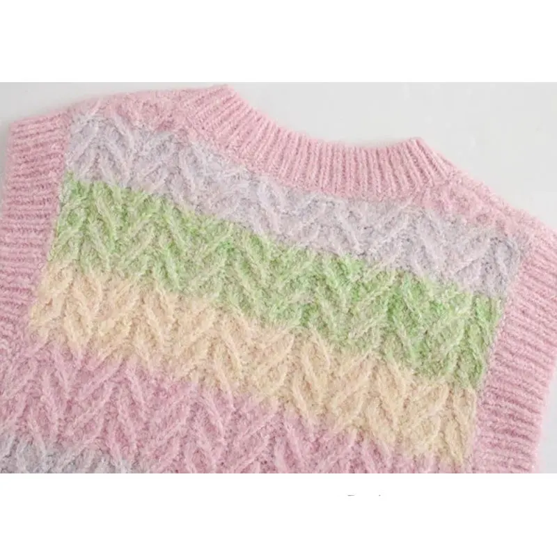 

High Quality Women 2020 Sweet Fashion With Ribbed Trims Striped Vest Sweater Vintage ONeck Sleeveless Female Waistcoat Chic Tops