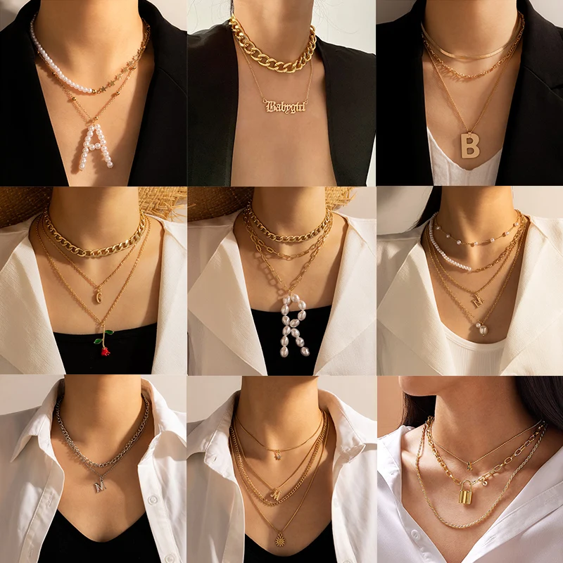 

HuaTang 9 Style Vintage Initial Letter Pearl Pendant Necklace for Women Multilayer Cuban Clavicle Chain Choker Party Jewelry