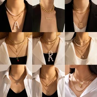 huatang 9 style vintage initial letter pearl pendant necklace for women multilayer cuban clavicle chain choker party jewelry