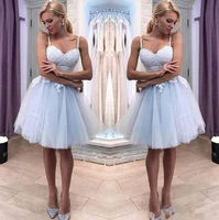 2020 cheap spaghetti straps gray blue lace a line homecoming dresses tulle applique knee length short prom cocktail dresses