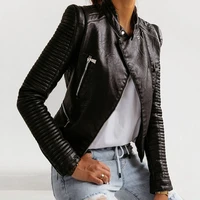 new spring autumn fashion jacket for women slim short leather coat pockets long sleeve slim fit motorcycle leather jackets black