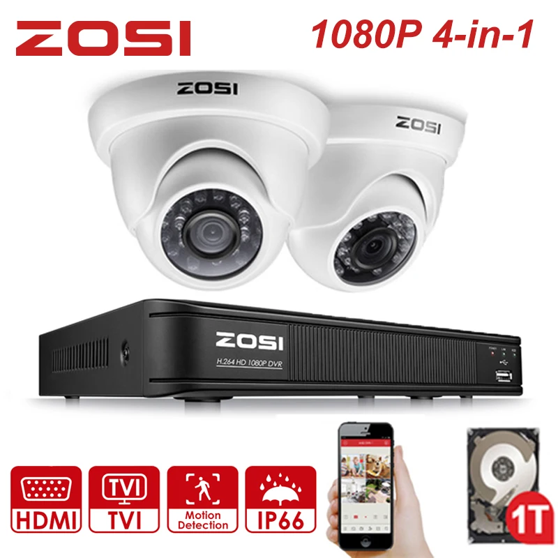 ZOSI 4 канала FULL 1080 P HD-TVI рекордер чехол DVR комплект системы видеонаблюдения с 2MP ИК-фильтром наружная ночного видения 2 шт купольная видеокамера