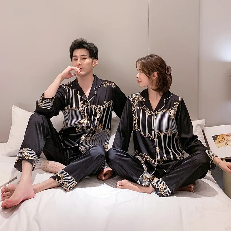 

Couple Black Pajamas Set Spring Autumn Shirt&Pants Long Sleeve Sleep Set Female 2PCS Sleepwear Casual Trousers Suit Home Clothes