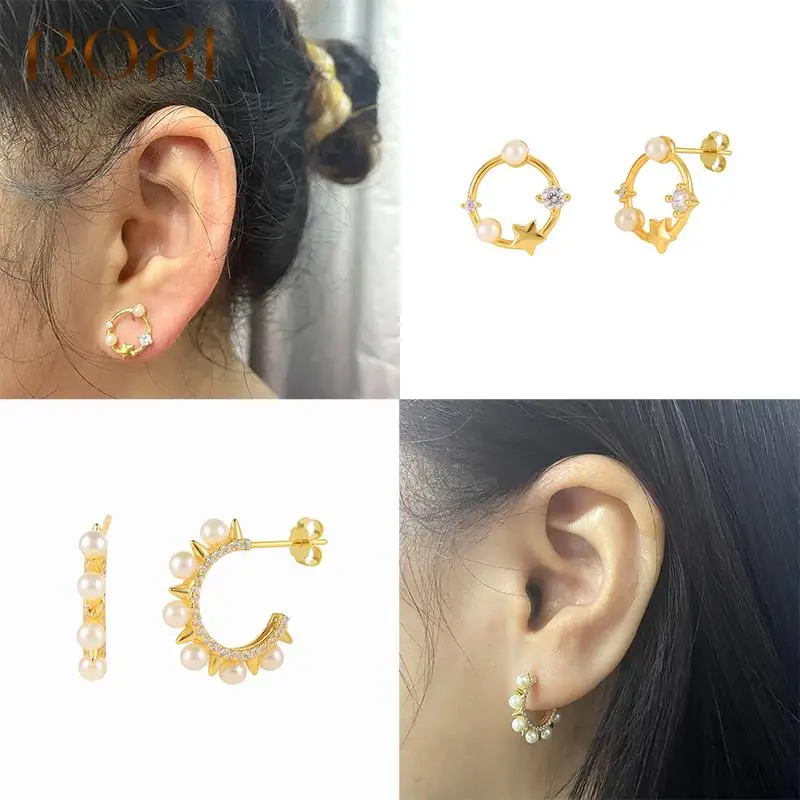 

ROXI Geometric Pearls Stud Earrings for Women 925 Sterling Silver C Shape Earrings Jewelry Lovely Star Pendientes Christmas Gift