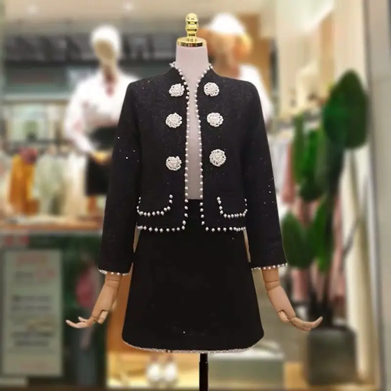 

Женский твидовый костюм из двух предметов, элегантная дизайнерская брендовая Дамская мини-юбка и жакет с жемчужинами, комплекты с топом, же...