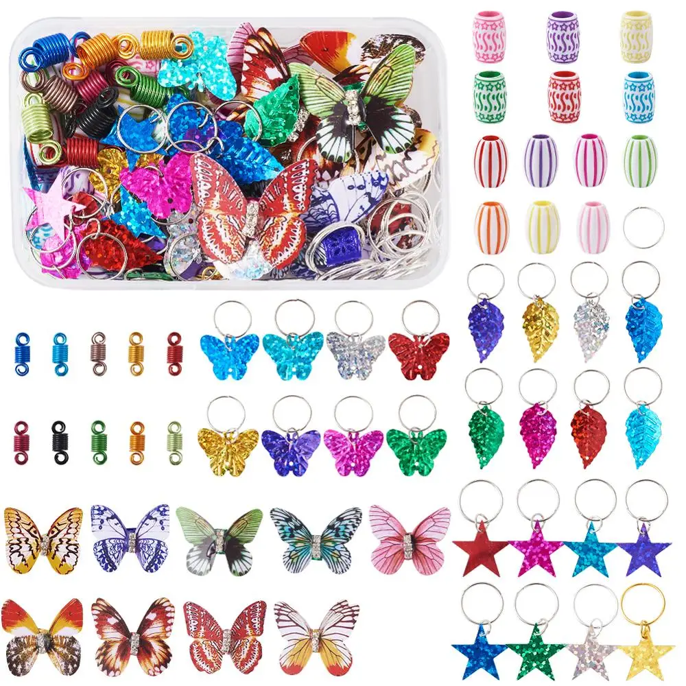 

1 Box Colorful DIY Hair Accessories Kits with Butterfly Star Leaf Pendant &Hair Coil & Braid Rings Pendants for Hair Decoration