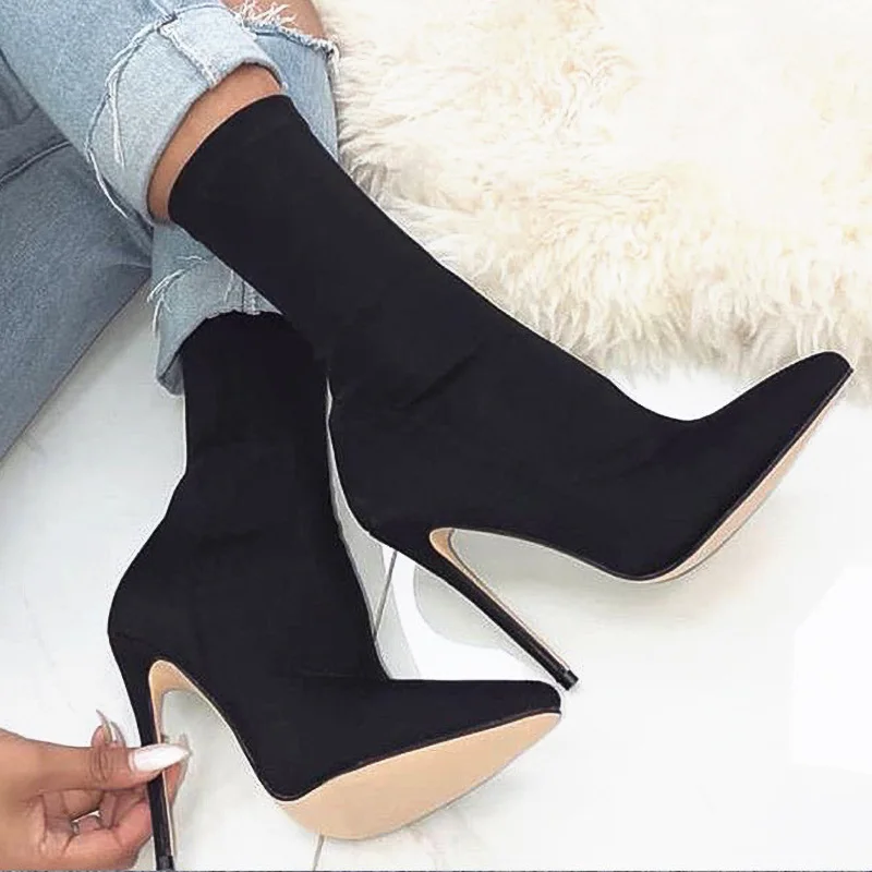 Сапоги до середины икры сапоги носки пикантные женские осенние на высоком