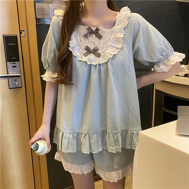 

New Summer Women Cute Lolita Princess Pajamas Set Girls Sweet Vintage Bow Square Collar Sleepwear Casual Homewear Female Pyjamas