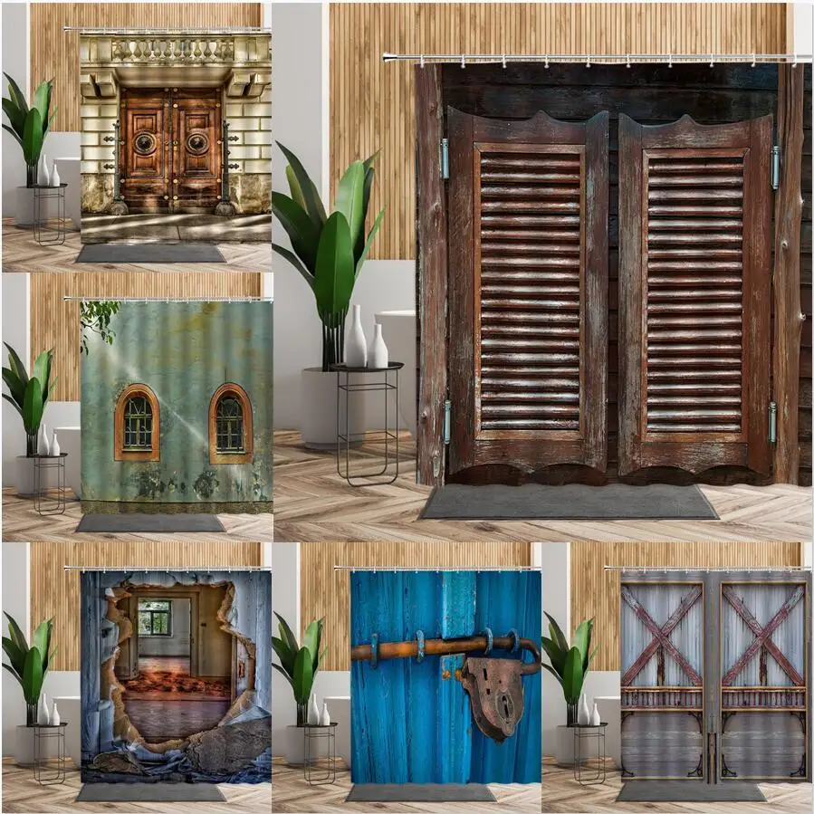 

3D Vintage Wood Door Bath Shower Curtain Retro European Bathroom Curtain With Hook Creative Living Room Hanging Cloth Home Decor
