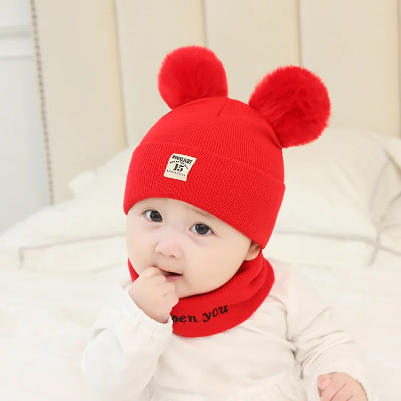 7-2Pcs Комплект из 2 предметов, детские шапки-бини с ушками Микки Мауса, одноцветная шапка в полоску и шарф, зимний теплый костюм для маленьких мальчиков и девочек - Цвет: 7-2Pcs
