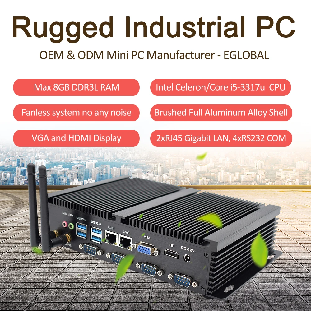 Industial мини-ПК Intel Celeron 1007U/1037U Core i5 3317U 4 RS232 COM безвентиляторный мини-компьютер 8 USB VGA