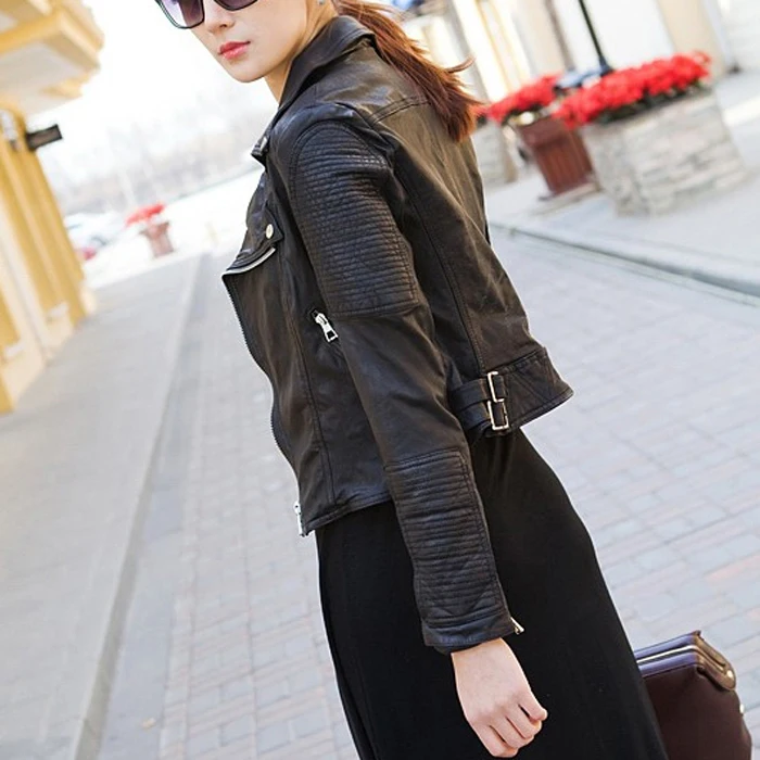 Chinese spring autumn fashion women's genuine leather motocycle jackets turn-down collar ladies sheepskin coat black red 2xl 3xl