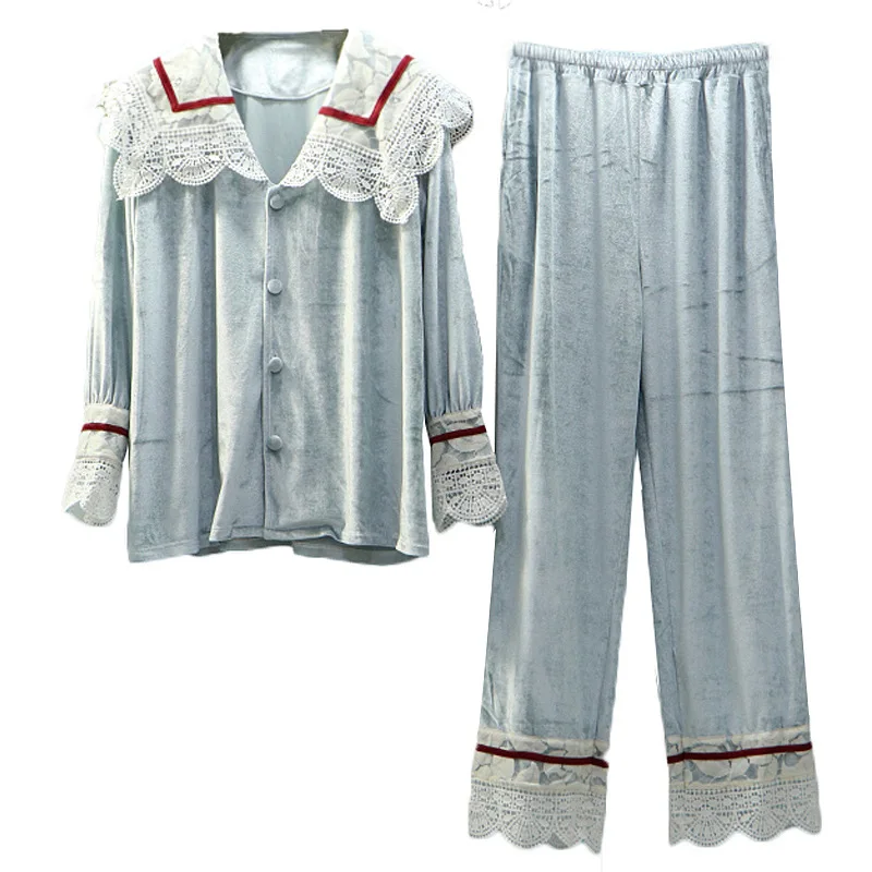 

2020 Pajamas Women Underwear Girls Casual Wear Autumn Winter Velvet Solid Color Lace Nightgown Kawaii Full Sleeve Warm Lingerie