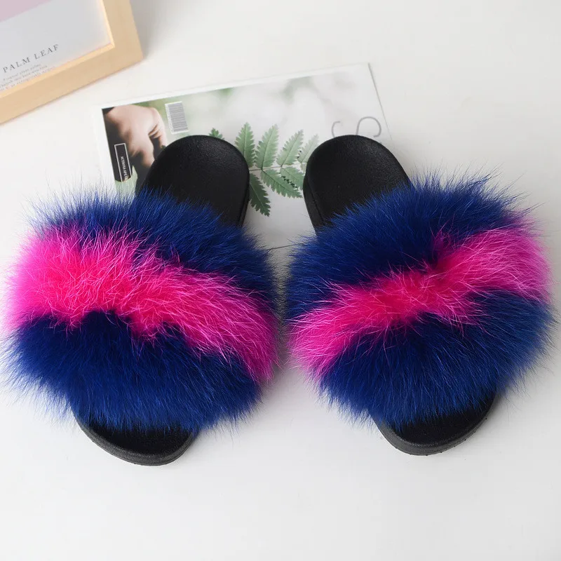 2021 Summer Children's Colorful Fluffy Fox Fur Slides Baby Fashion Cute Plush Slippers Kids Furry Sandals Girls Soft Flat Shoes images - 6