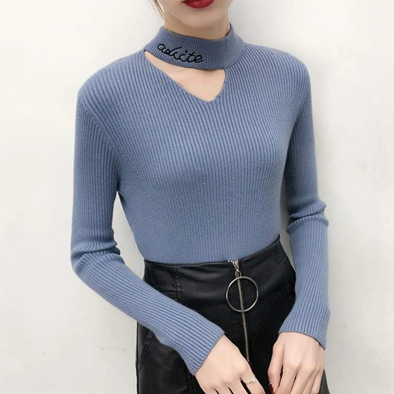 

Autumn And Winter Half-high Collar Sweaters Korean Style Women Long-sleeved Slim Letter Temperament Knitwear Jumper