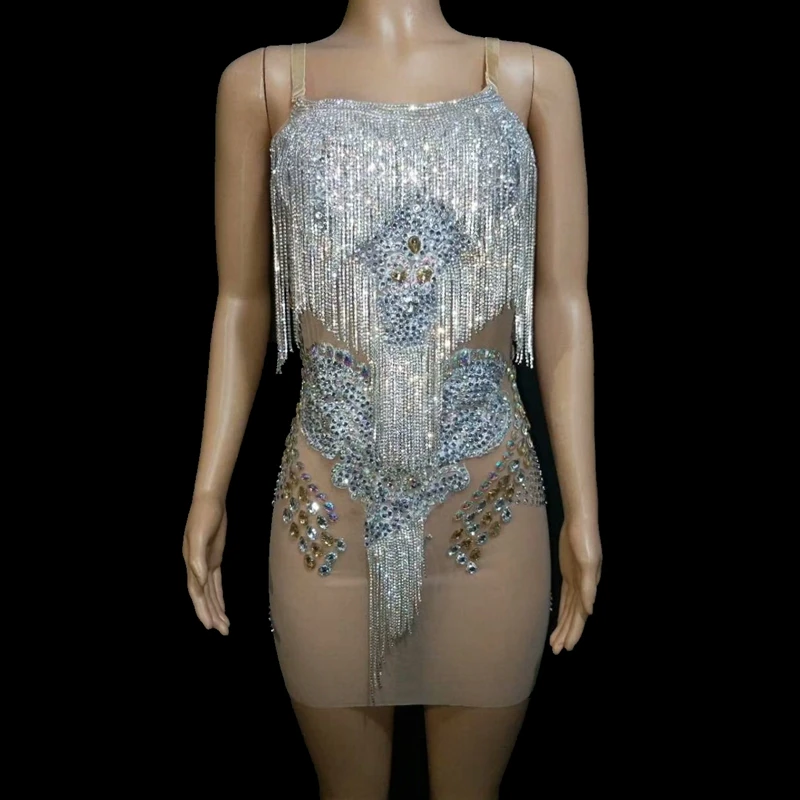 Новинка роскошное короткое платье с прозрачными полосками стразы бахрома платья