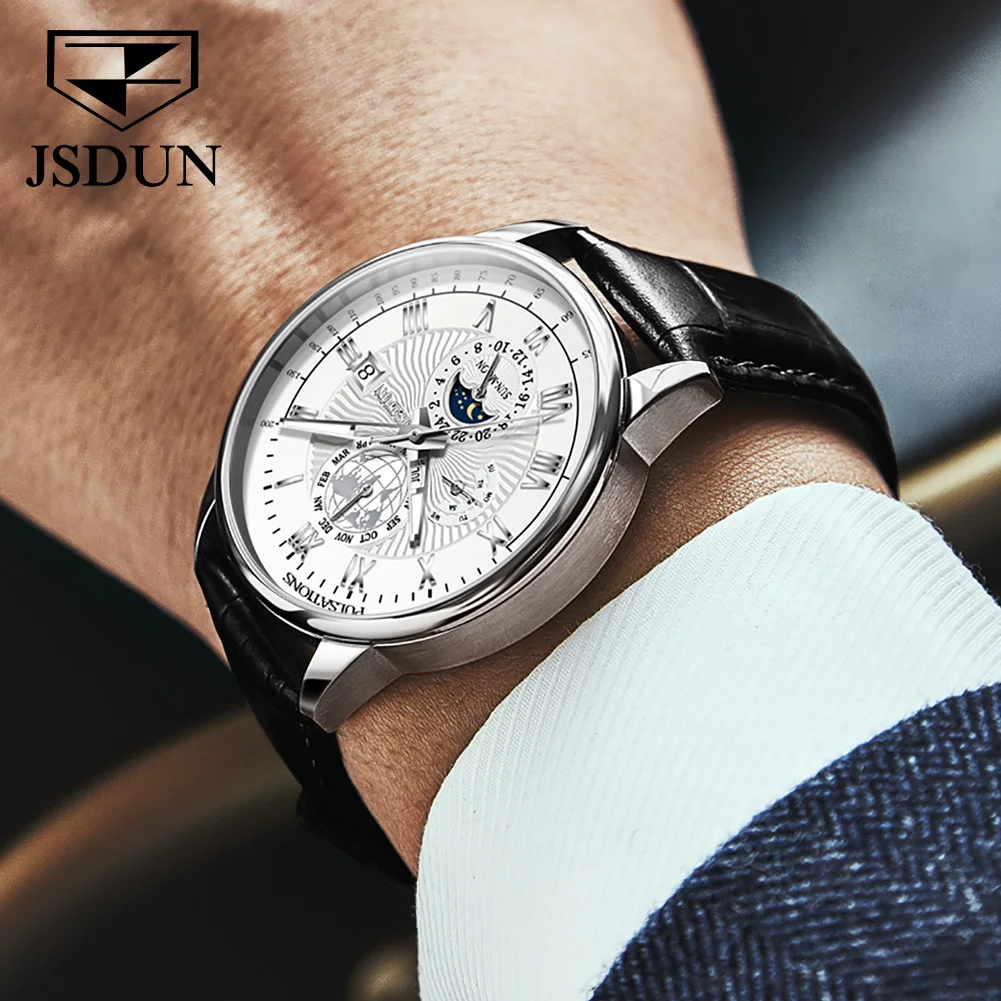 

Automatic Mechanical Watch Men Luxury Top Brand Moon Phase Watch Classic Genuine Leather Multi-Function Clock Relogio Masculino