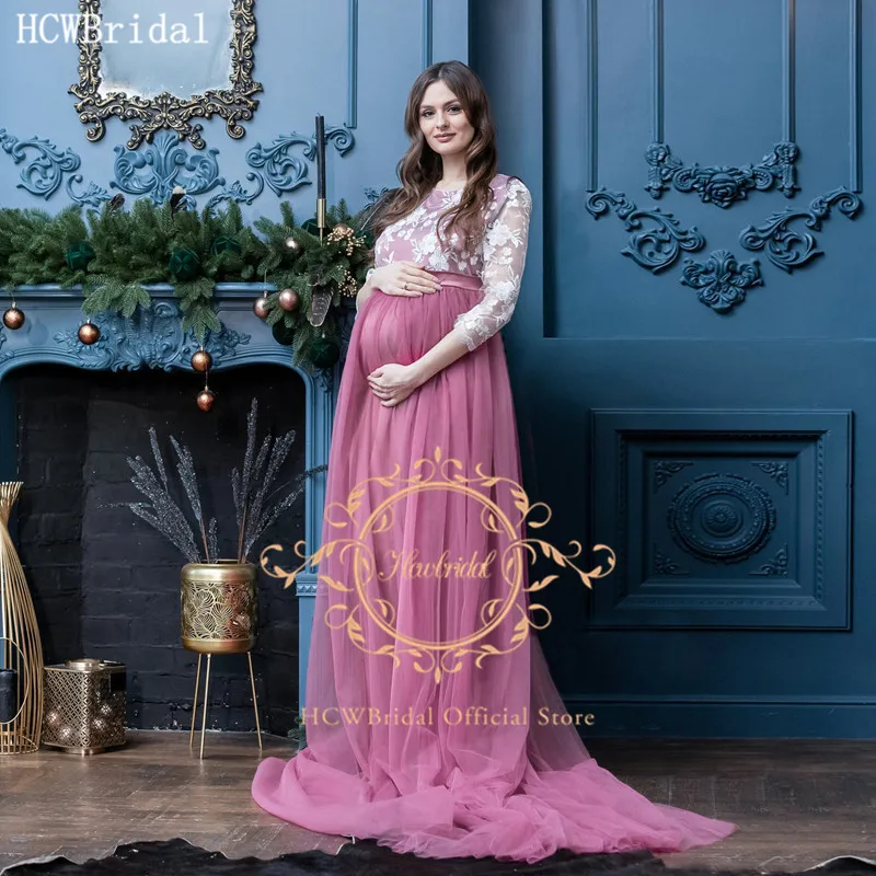 

Long Sleeves Lace Dusty Rose Evening Dress For Pregnant Women A Line Sweep Train Plus Size Mother And Daughter Gowns For Party