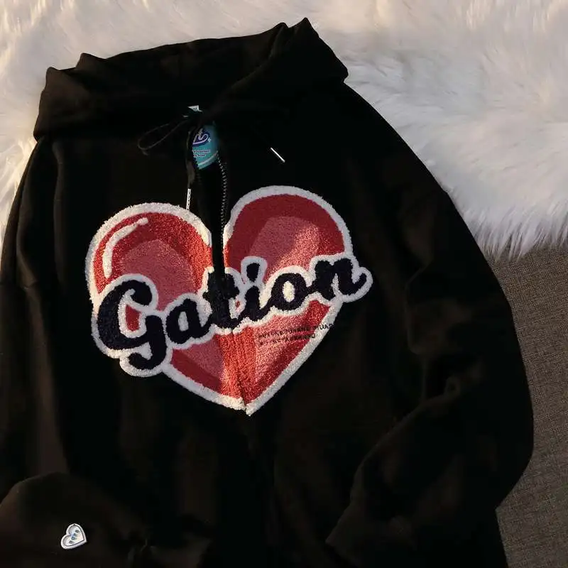

2021 Neue Frauen Y2k Street Hip-hop Zipper Hoodies Heart-shaped Letters Embroidery Cardigan Couple Casual Sweatshirt Mantel
