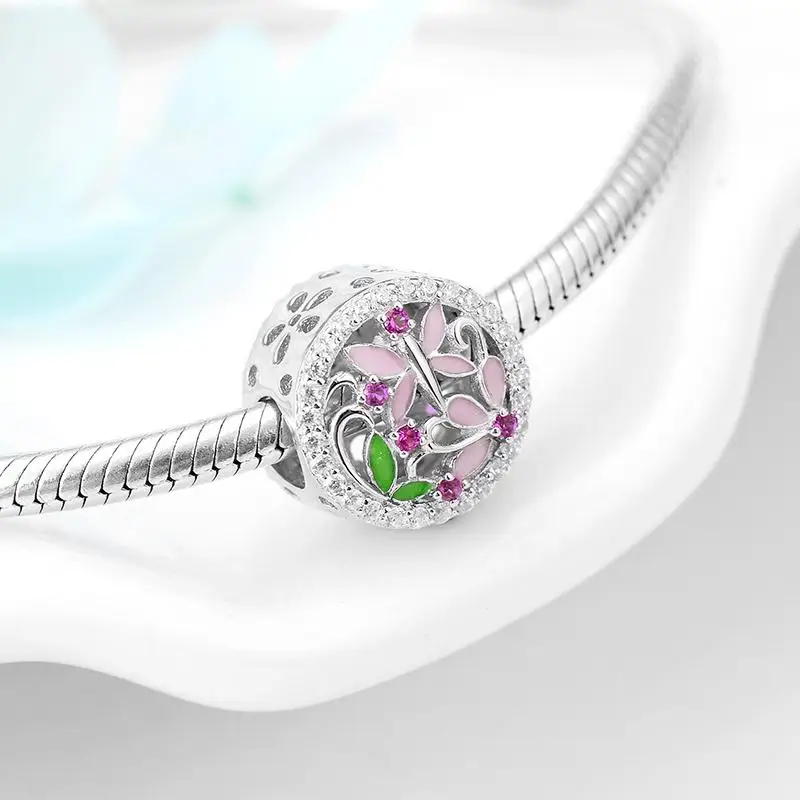 Женские эмалевые бусины из серебра 925 пробы с розовыми и белыми цветами вишни