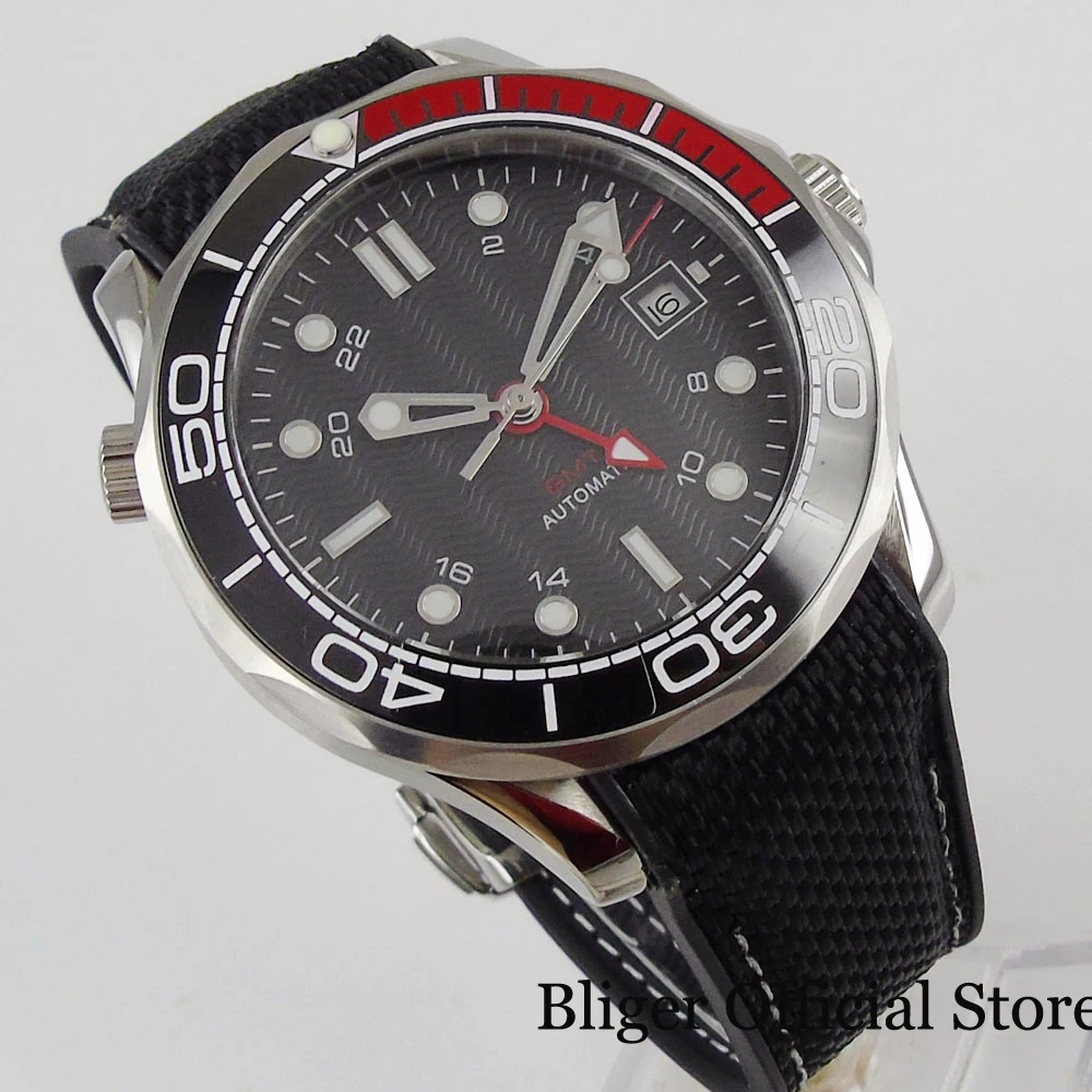 BLIGER черные Автоматические Мужские часы GMT ручной сапфировое стекло вращающаяся