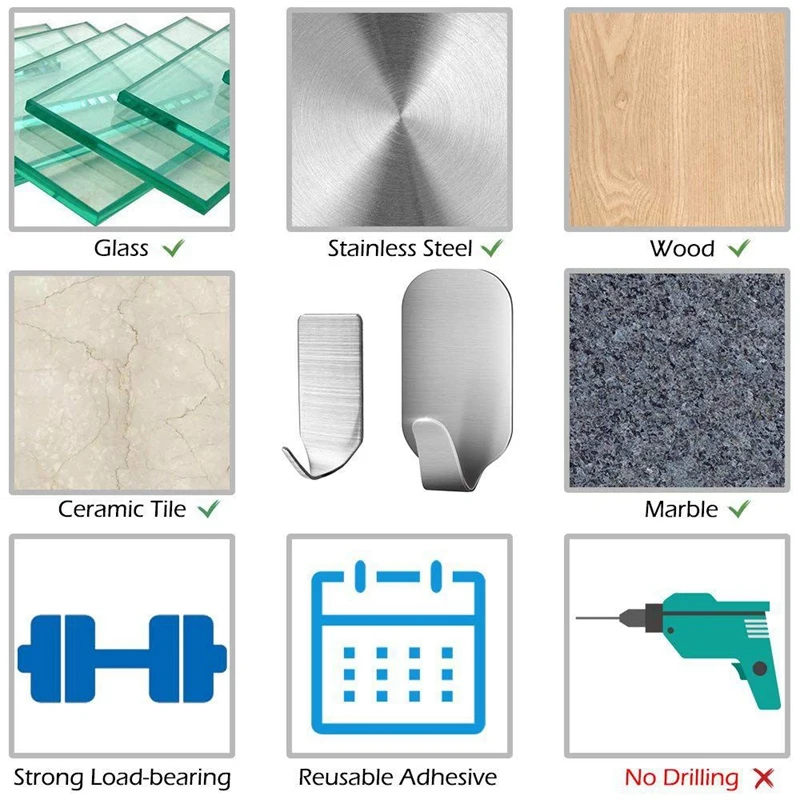 

24 Pcs Self Adhesive Stainless Steel Wall Hooks, 8 Pcs 5X3Cm,12 Pcs 3.5X2Cm,4 Pcs 45X45Mm