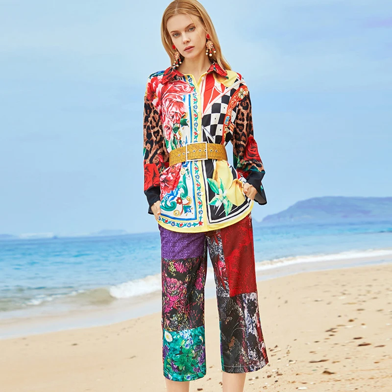 

2021 Spring Fashion Runway Set Women Elegant Vintage Floral Leopard Print Shirt and Calf Length Pants Suit Beach Holiday Twinset