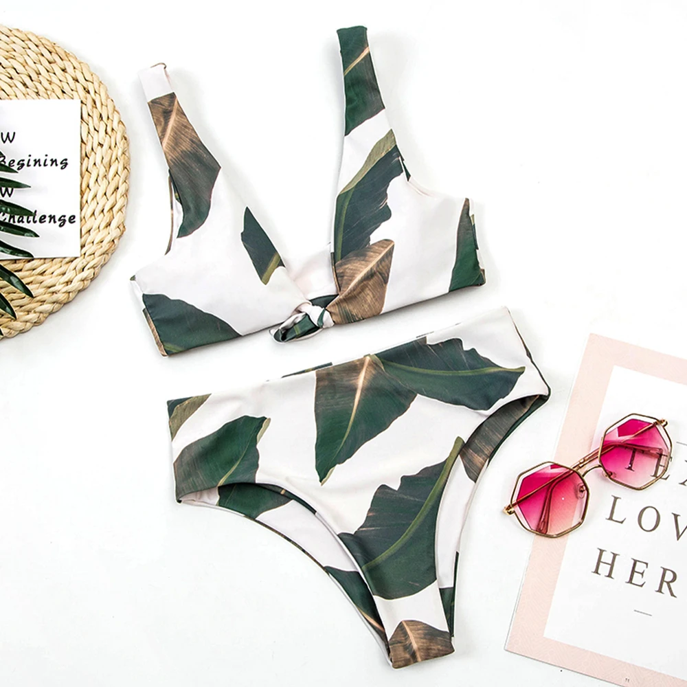 Купальник-бикини пуш-ап женский с тропическим принтом и завышенной талией |