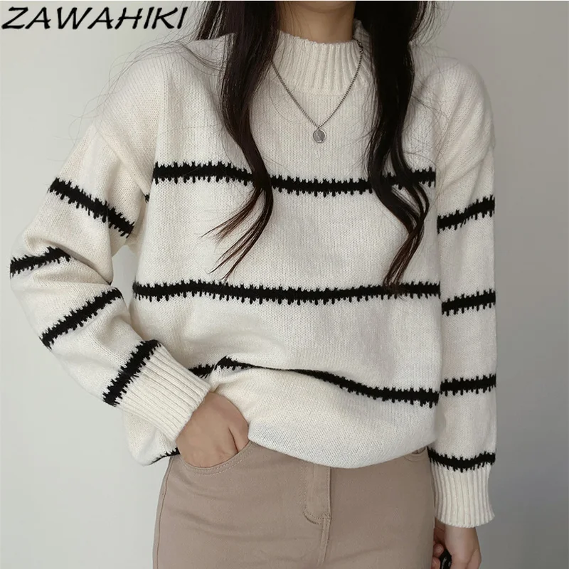 

ZAWAHIKI French Retro Lazy Loose All-match Autumn Winter Striped Round Neck Knitted Pullover Sweaters Long Sleeve Sweater Tops