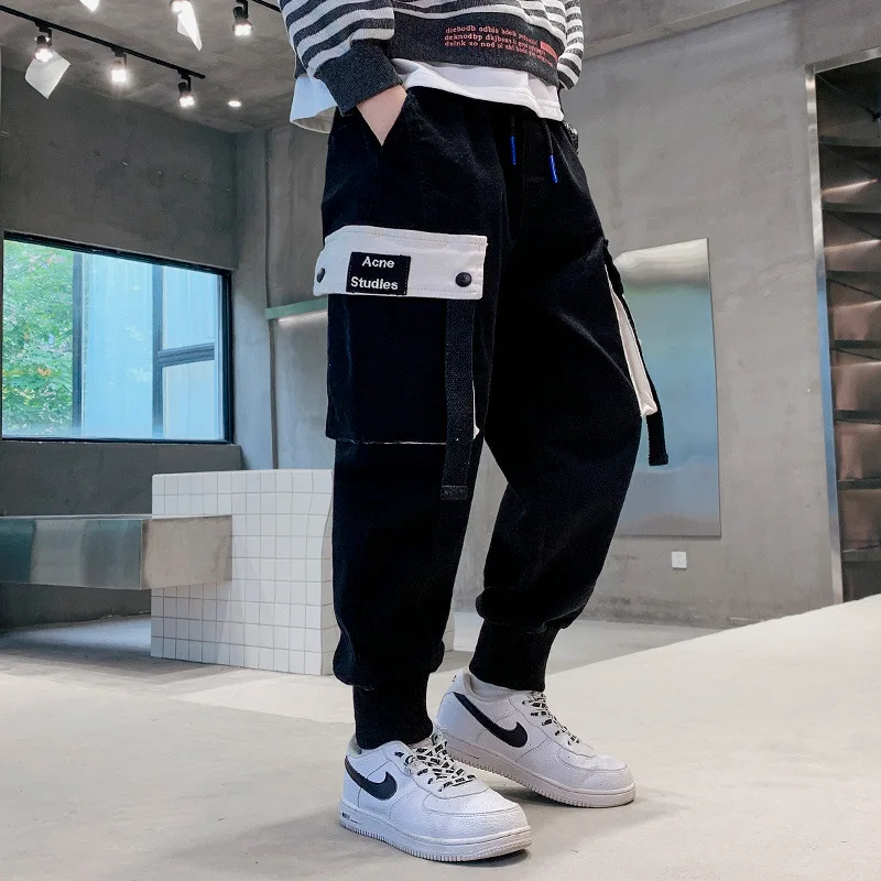 

Kids Boys Pants Black Long Trousers Autumn Casual Cotton Elastic Waist Pencil Pants Cargo Pants For Boys Teen Children Clothing