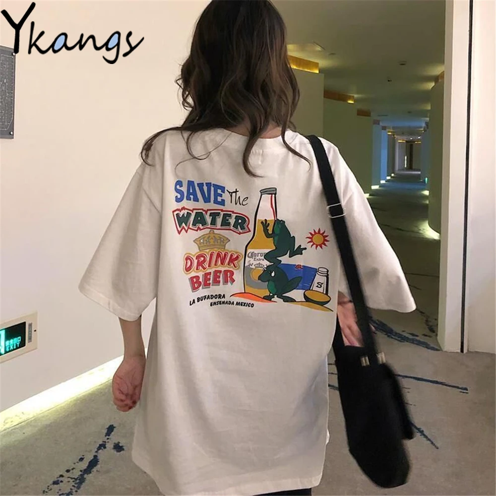 

Футболка женская с принтом лягушки на спине, свободный смешной топ с коротким рукавом и графическим принтом, в стиле Харадзюку, корейская мо...