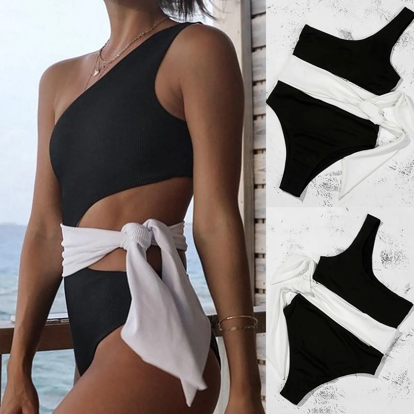 

Women Fashion Swimsuit One shoulder Patchwork Bow One-piece Swimsuit Bathing Suit Beach Swimwear New trajes de baÃ±o mujer E2