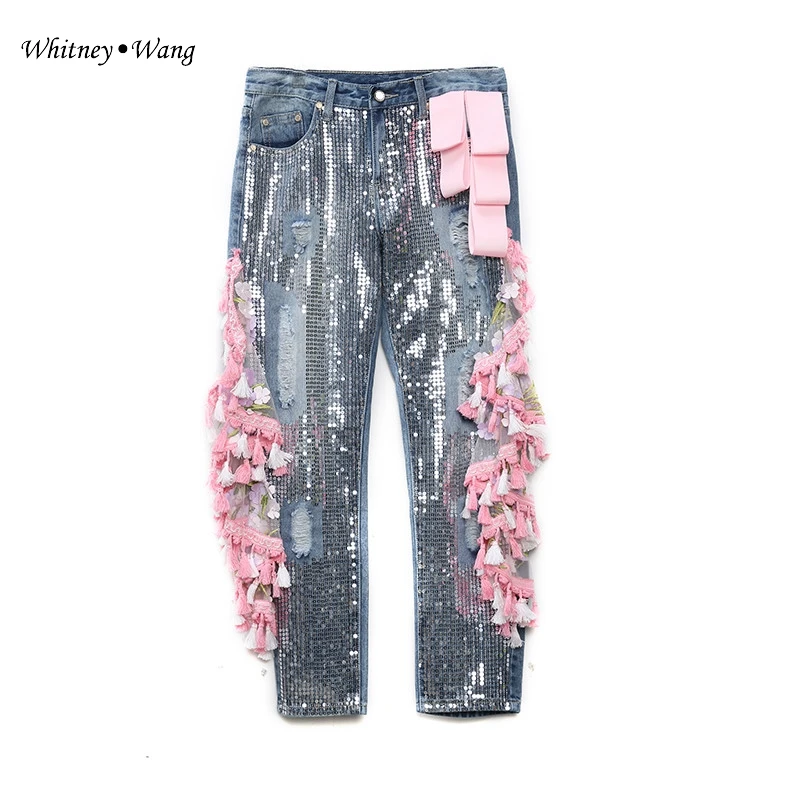 Женские Рваные Джинсы WHITNEY WANG рваные джинсы с блестками сетчатые оборками и