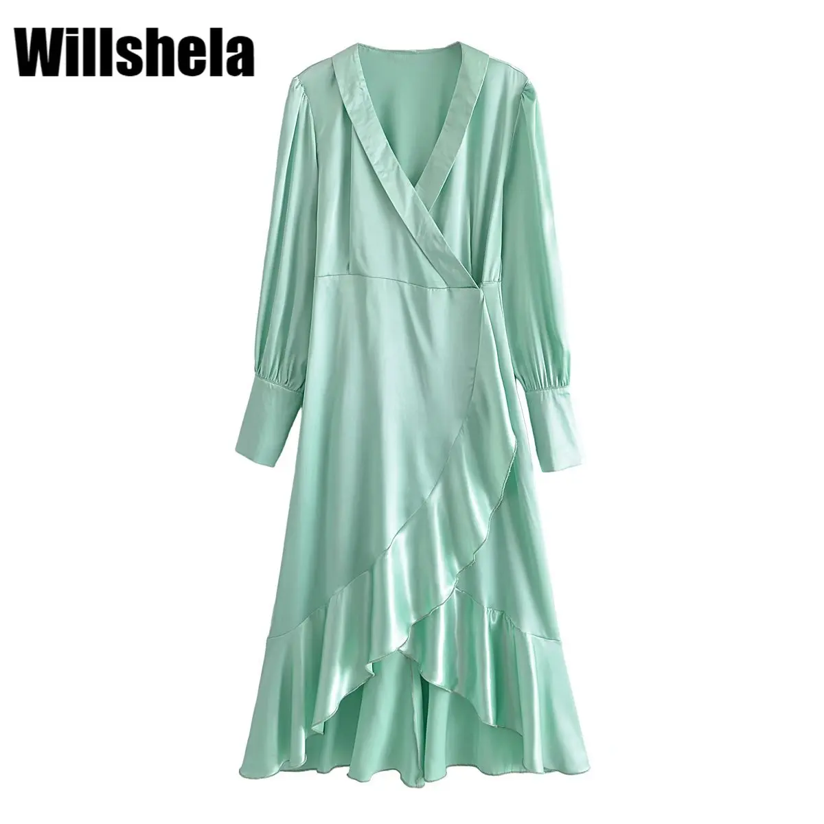 

Willshela женское модное зеленое однотонное плиссированное платье миди с v-образным вырезом и длинным рукавом