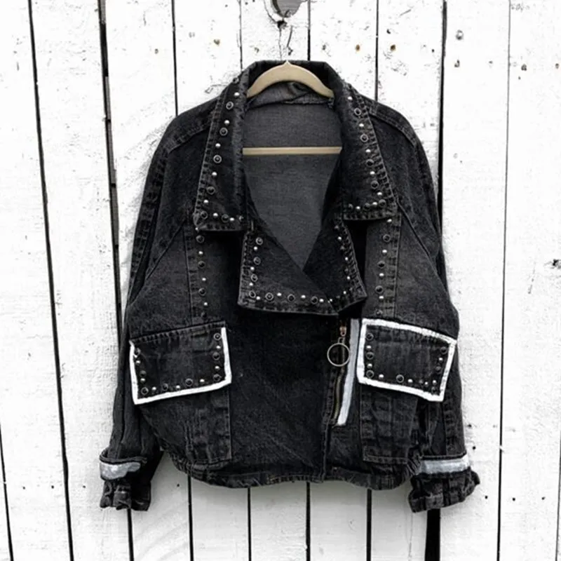 Женская ВИНТАЖНАЯ ДЖИНСОВАЯ КУРТКА черная Свободная куртка с рукавами летучая