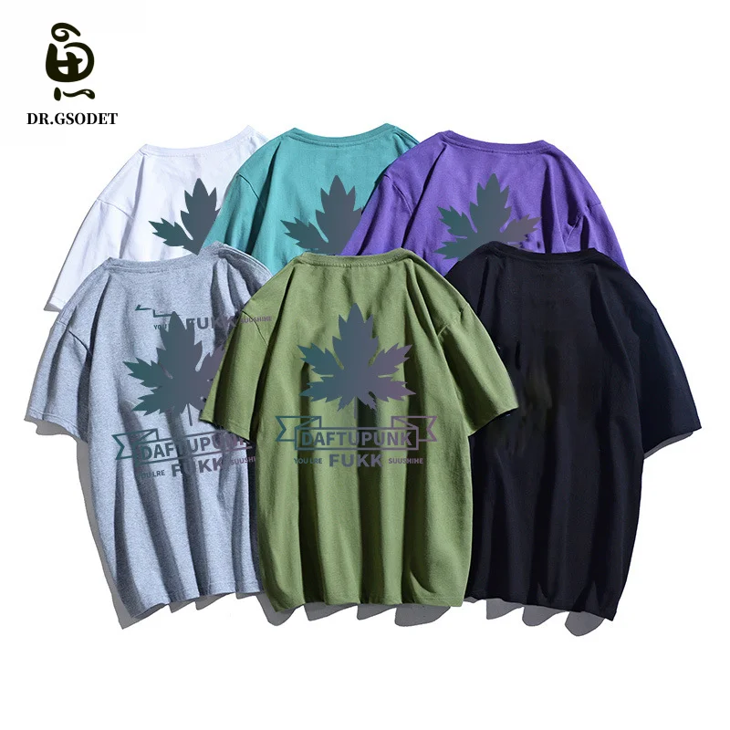 

GSODET Summer T-Shirt Cotton Couple Reflective Maple Leaf Short-Sleeved Korean Loose Casual O-Neck Ins Men and Women Large Size