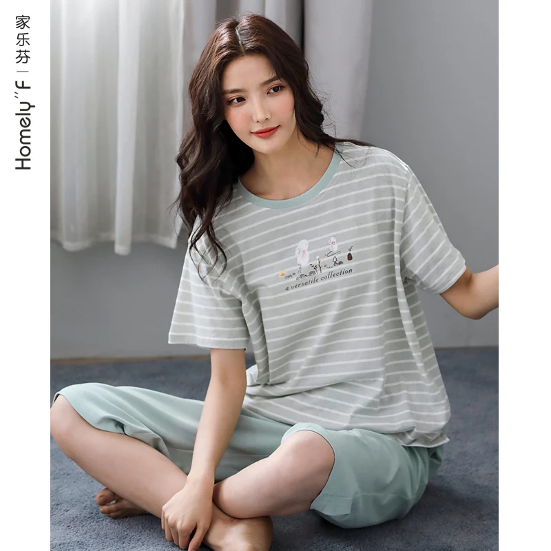 

Pajamas Women's Summer Cotton Short Sleeve Cropped Pants Home Wear Summer Thin Cotton Can Go out Casual Two-Piece Suit