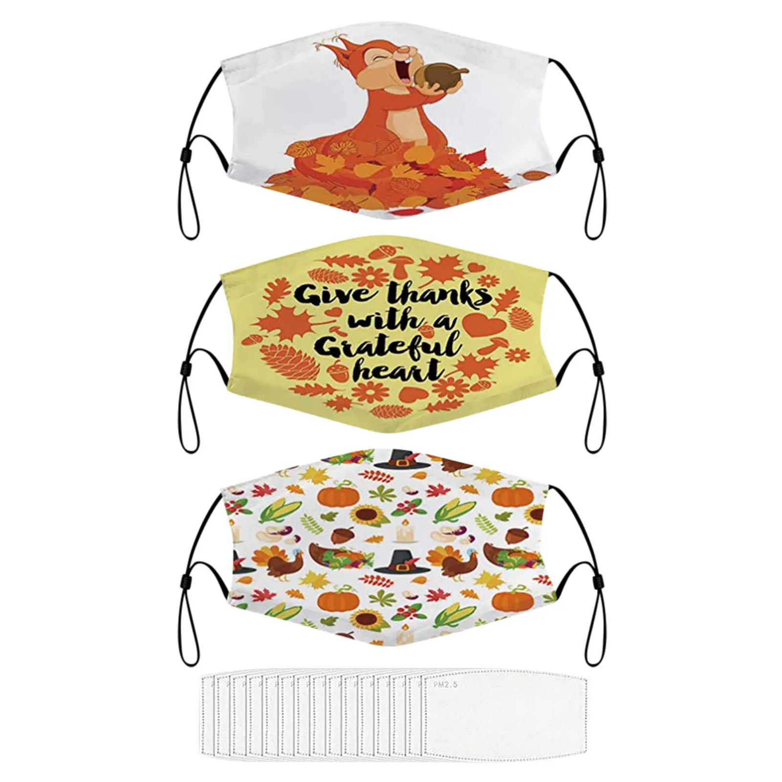 

Thanksgiving Printed Flower Mouth Masks Can Put Gaskets Adult Male Female mondkapjes met filter Protective Masks 3PC+15PC Filter