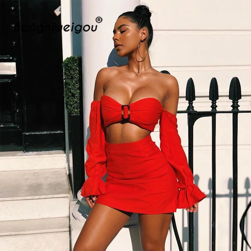

Bangniweigou Sexy Club Off Shoulder 2 Piece Sets Strapless Bandeau Top Skirt Outfits Birthday Red Short Dress for Party Set