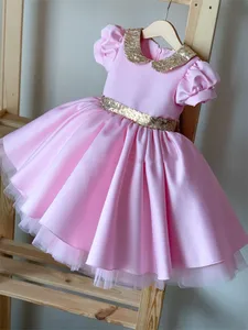 New Infant Dress Pink Satin Gold Sequins Princess First Birthday Dresses Kids Clothes Photography