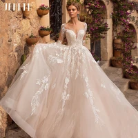 jeheth long sleeves lace appliques tulle wedding dress 2022 goegeous scoop neck ball gown bridal back buttons vestidos de novia