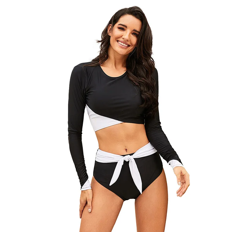 

Fashion sexy bikini black and white contrast color ladies beach swimsuit split two-piece ties bikini swimwear long sleeves