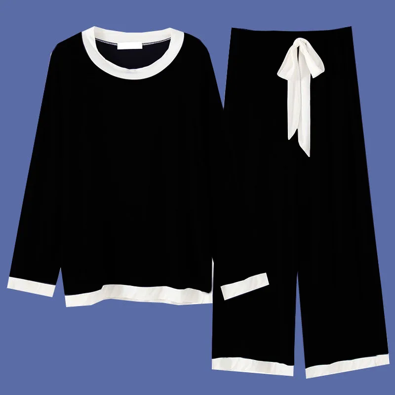 CAIYIER Pink Round Neck Girls Pajamas Set Long Sleve Top + Bowknot Trousers Sleepwear For Women Kawaii Nightwear Loose Loungwear