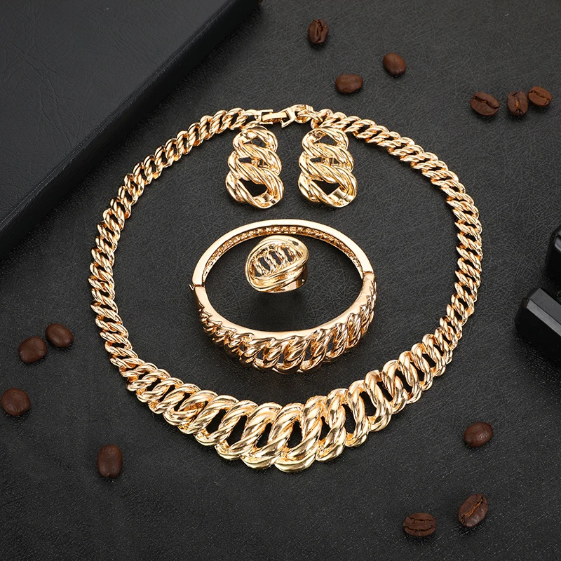 

New gold color jewelry sets for women bridal luxury necklace earrings bracelet ring set Indian African wedding ornament gifts