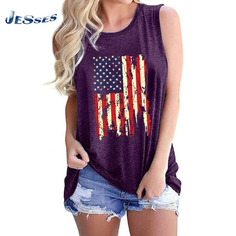 

Модный Цветной Топ без рукавов с принтом американского флага, летняя пикантная свободная футболка большого размера на бретельках с круглым...