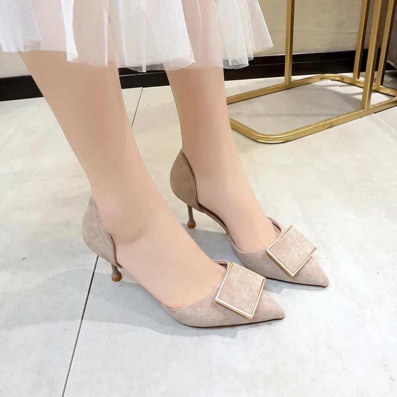 

Women High Heels Thin Heels Pointed Toe Pumps Dress Party Dress Lady Shoes 2020 SummerMetal Buckle Middle Hollow Sandals